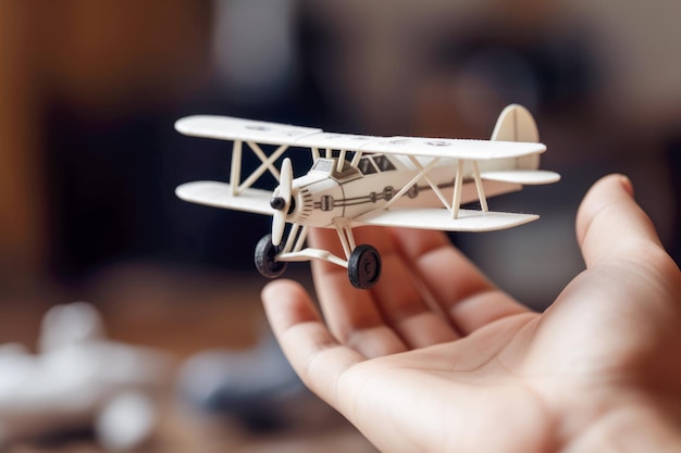Pequeño juguete de avión blanco en las manos de un niño Concepto de juegos infantiles para niños infancia feliz