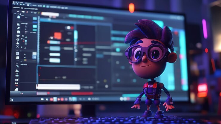 Foto un pequeño juguete con gafas está al lado de un monitor de computadora