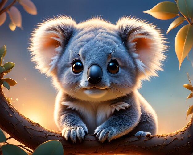 Pequeño koala lindo en un árbol a la luz del atardecer