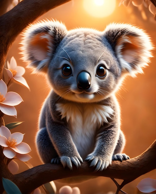 Pequeño koala lindo en un árbol a la luz del atardecer