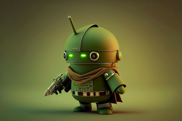 Pequeno ladrão de robôs android com arma laser em fundo verde escuro generativo ai