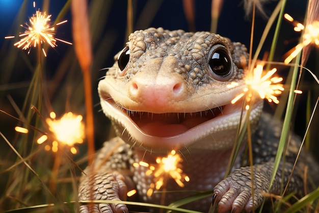 Pequeno lagarto com faíscas na grama conceito de ano novo