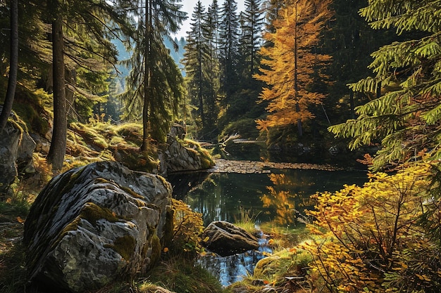 Pequeño lago en el bosque en otoño en los alpes suizos