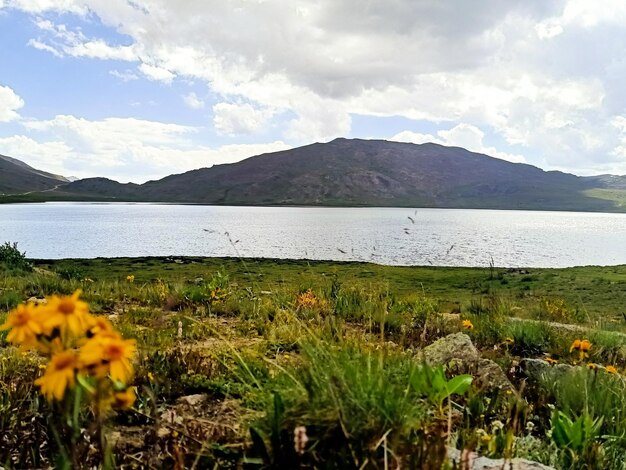 Pequeño lago con una montaña al fondo