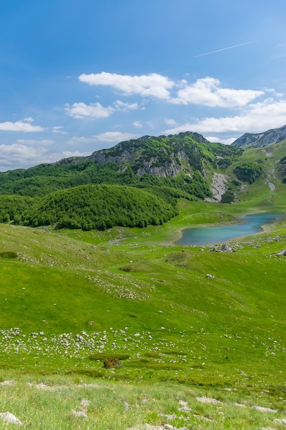 Un pequeño lago de montaña entre las altas y pintorescas montañas.