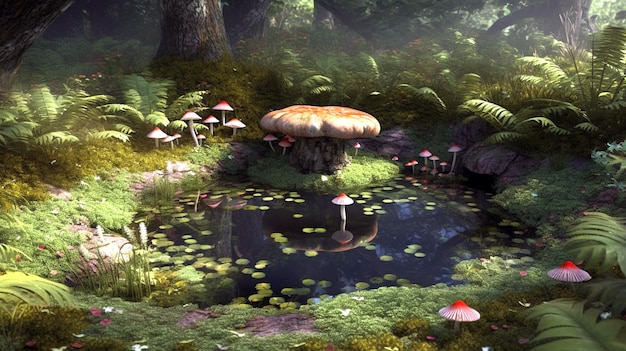 Pequeno lago na floresta com grandes flores de cogumelos de fada e folhas de samambaia AI Generative