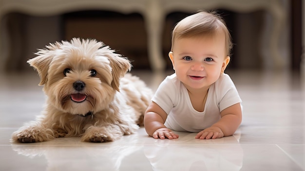 Foto pequeño y leal bebé y perro acostados juntos en el suelo