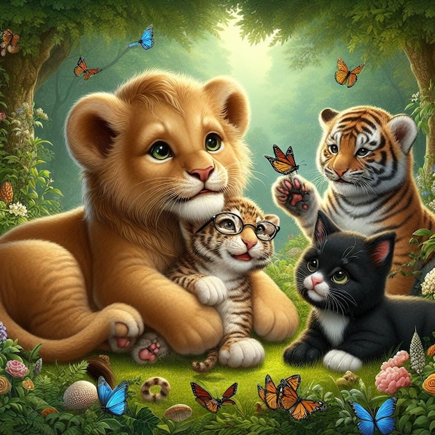 Pequeño león, pequeño tigre, gatito y mariposa jugando juntos en la jungla.