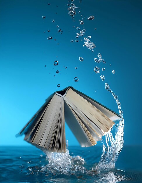 un pequeño libro cayendo en el agua con un fondo azul y burbujas de salpicaduras
