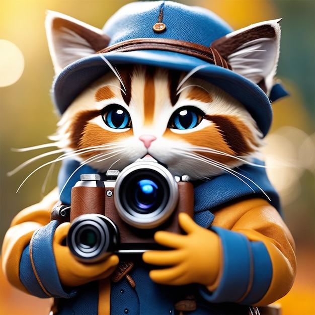 pequeño, lindo y adorable gatito chibi kawaii con un explorador de cámara vestido con un abrigo con supervivencia