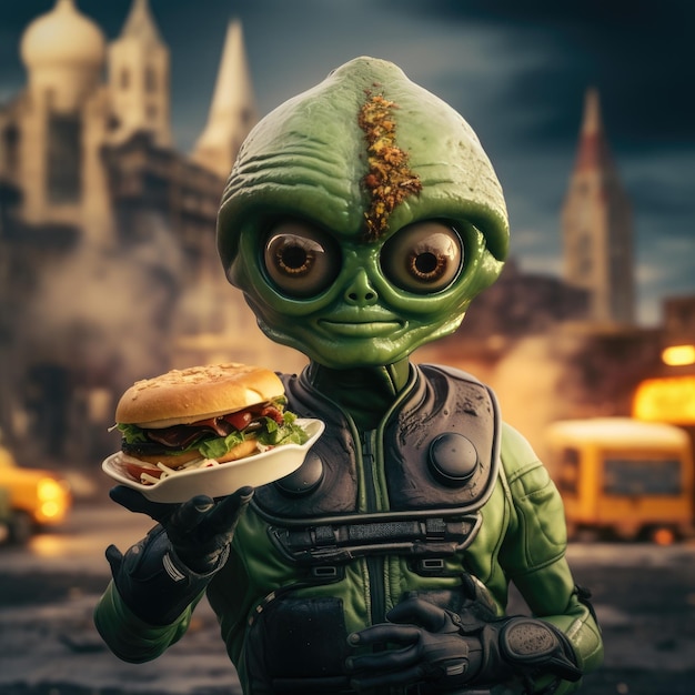 Foto pequeño y lindo astronauta humanoide verde sosteniendo una hamburgues