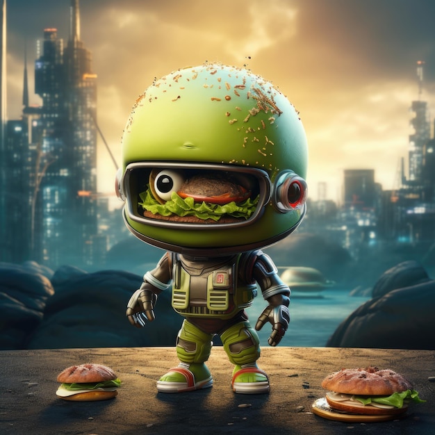 pequeño y lindo astronauta humanoide verde sosteniendo una hamburgues