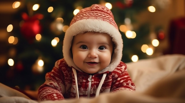 Un pequeño y lindo bebé con cuerpo rojo navideño y gorra sentado en el suelo con una pequeña IA generativa navideña