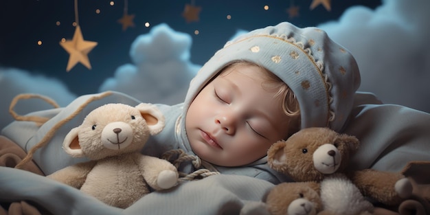 Un pequeño y lindo bebé duerme en su cama El tema de los sueños Foto de alta calidad IA generativa