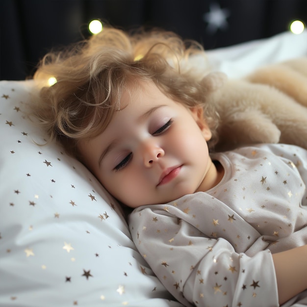 Pequeño y lindo bebé durmiendo en la cama en casa de cerca