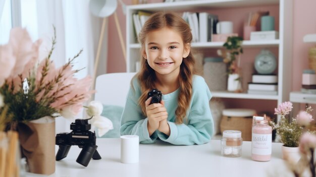 El pequeño y lindo blogger con cosméticos grabando un video en casa.