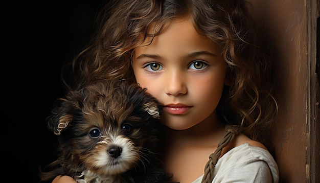 Un pequeño y lindo cachorro mirando la cámara con una niña sonriente generada por inteligencia artificial