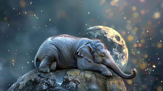 Foto el pequeño y lindo elefante duerme en la luna.