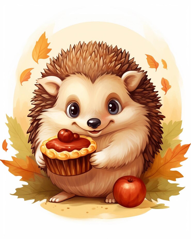 Un pequeño y lindo erizo sosteniendo un pastel y una manzana