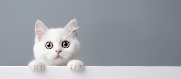 Un pequeño y lindo gato blanco con ojos grandes sobre un fondo gris que capta la atención Esto