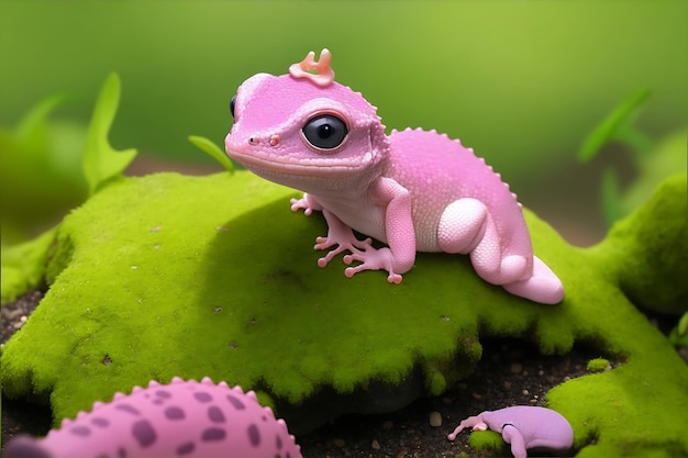 Un pequeño y lindo gecko con una cabeza rosa se sienta en una roca verde cubierta de musgo generada ai
