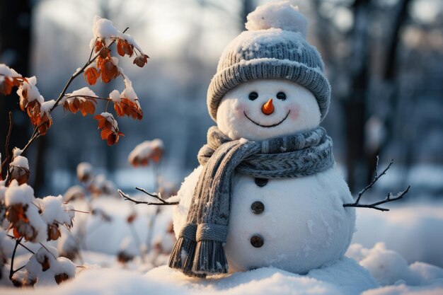 Pequeño y lindo muñeco de nieve con gorro de punto y bufanda en la nieve en un soleado día de invierno Tarjeta de Navidad