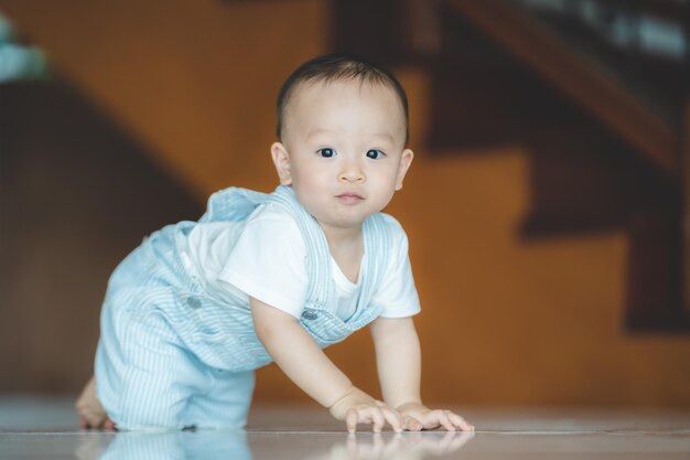 Pequeño y lindo niño intentando y aprendiendo a gatear en casa