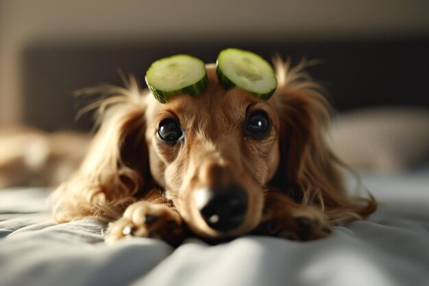 Foto un pequeño y lindo perrito con pepino en la cama en casa.