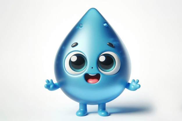 pequeño y lindo personaje 3d de agua feliz con ojos saltones sobre un fondo blanco sólido ai generativo