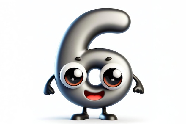 Foto pequeño lindo personaje feliz número 6 3d con ojos saltones sobre un fondo blanco sólido ai generativo