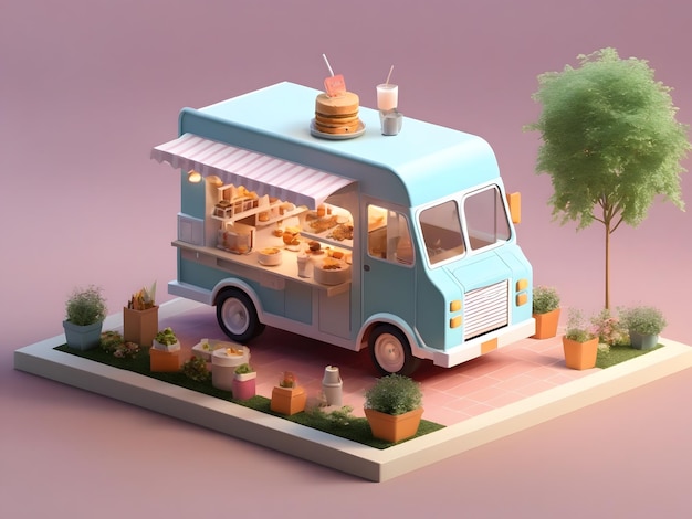 Pequeño y lindo render 3d isométrico Camión de comida