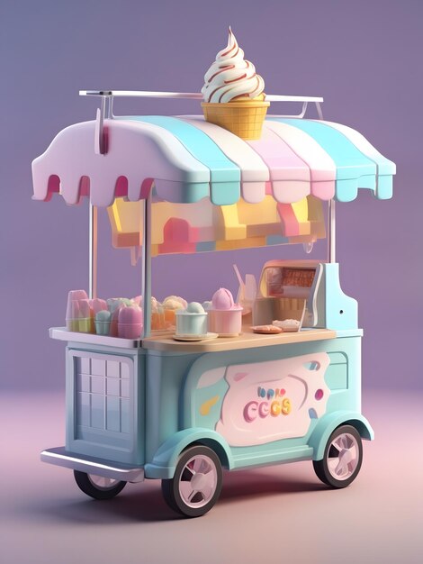 Pequeño y lindo renderizado isométrico en 3D del carrito de helados