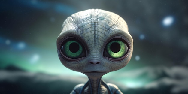 El pequeño y lindo retrato de un alienígena con fondo espacial de IA generativa