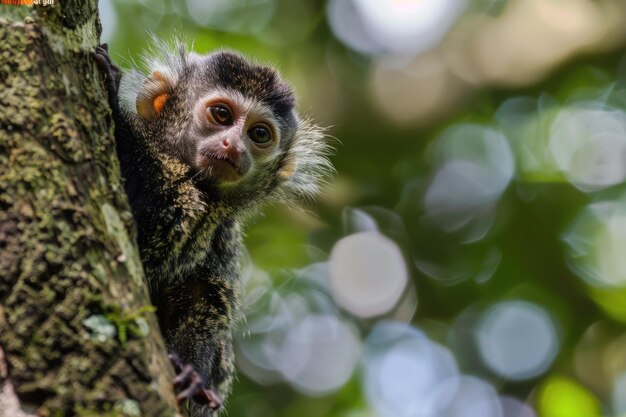 Pequeno macaco Marmoset sentado em uma árvore Cute criatura de primata selvagem do Brasil