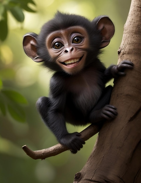 Foto pequeno macaco negro sorridente