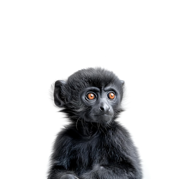 Pequeno macaco preto sentado em cima de uma superfície branca