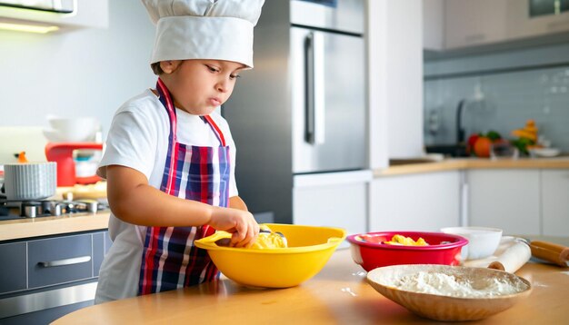 Pequeño maestro culinario Cocinero con delantal y gorro de chef preparando delicias culinarias