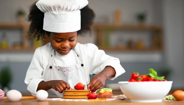 Pequeño maestro culinario Cocinero con delantal y gorro de chef preparando delicias culinarias