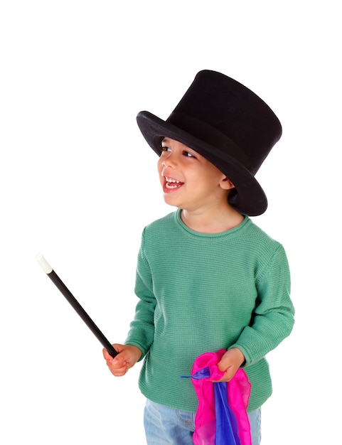 Pequeño mago divertido con un sombrero de copa y una varita mágica