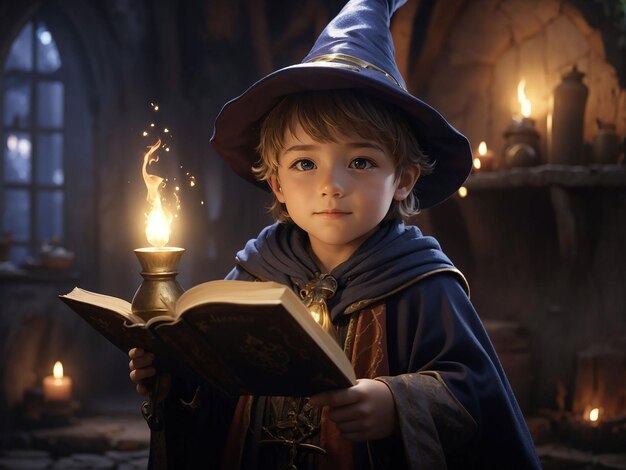 Un pequeño mago entrenando con una varita y un libro de hechizos listo para lanzar hechizos.