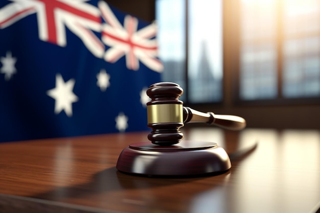 Pequeño martillo de los jueces de la corte colocado en una mesa de madera con la bandera australiana como fondo d r