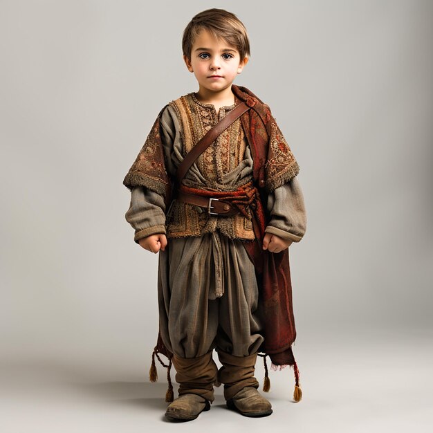Pequeno menino armênio caucasiano em roupas nacionais vintage retrô retrato em close-up em branco