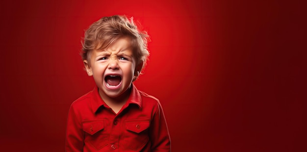 pequeno menino branco gritando chorando em fundo isolado vermelho