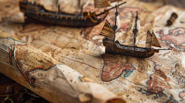 Un pequeño modelo de barco está sentado en la parte superior de un mapa del mundo El barco es una réplica de un barco pirata un