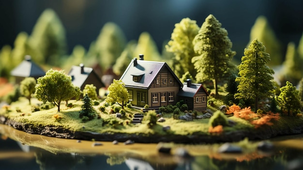 Un pequeño modelo de una casa de campo de juguete contra el telón de fondo de la naturaleza generada por la IA