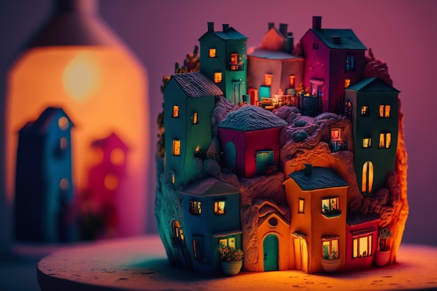 Un pequeño modelo de un pequeño pueblo con una casa iluminada en la parte superior.
