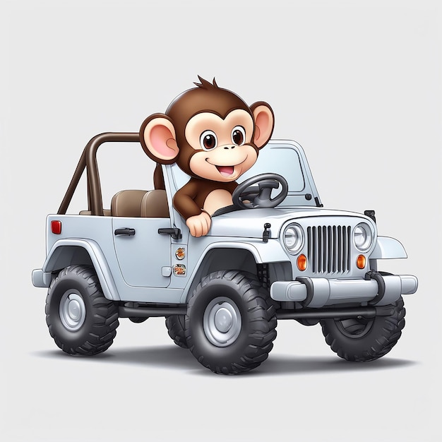 un pequeño mono de dibujos animados conduciendo un coche de safari