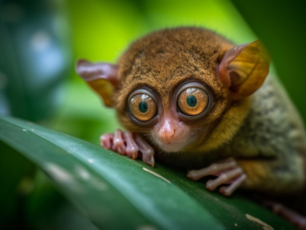 Un pequeño mono con grandes ojos se sienta en una hoja.