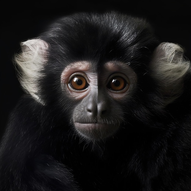 Un pequeño mono con ojos marrones y cabello negro.