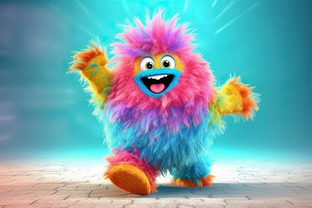 Pequeño monstruo de color esponjoso bailando y riendo sobre un fondo de color generado por Ai